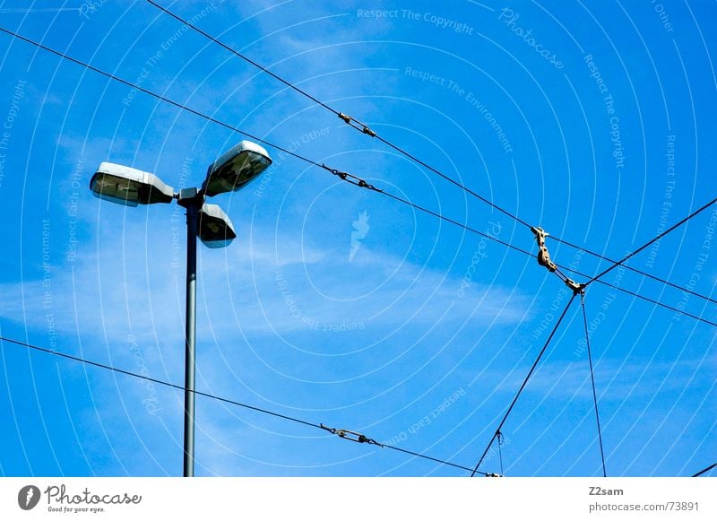 tram impressions IV Sky Transmission lines Lamp Summer Tram Overhead line Direction Compass point Lantern blue Line Rope Net munich tramway