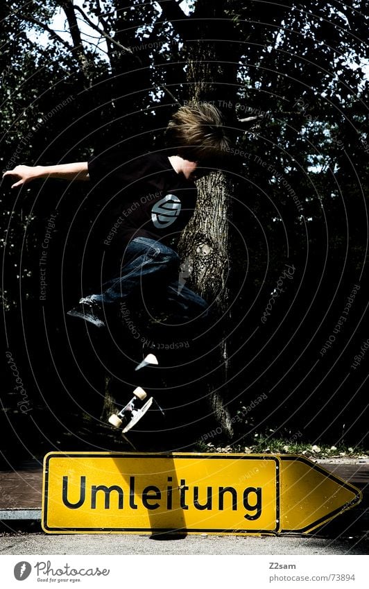 kickflip on detours II Diversion Skateboarding Halfpipe Kickflip Salto Stunt Trick Jump Child Sports Style Above Parking level Signs and labeling Funsport