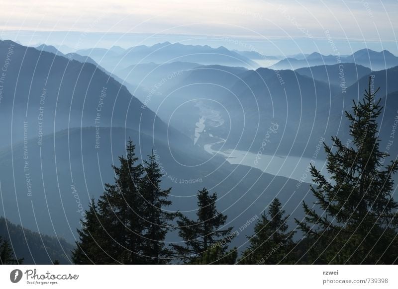 View of Isar and Sylvenstein reservoir Freedom Mountain Hiking Landscape Summer Fog Tree Alps Karwendelgebirge Lake Sylvenstein Lake River