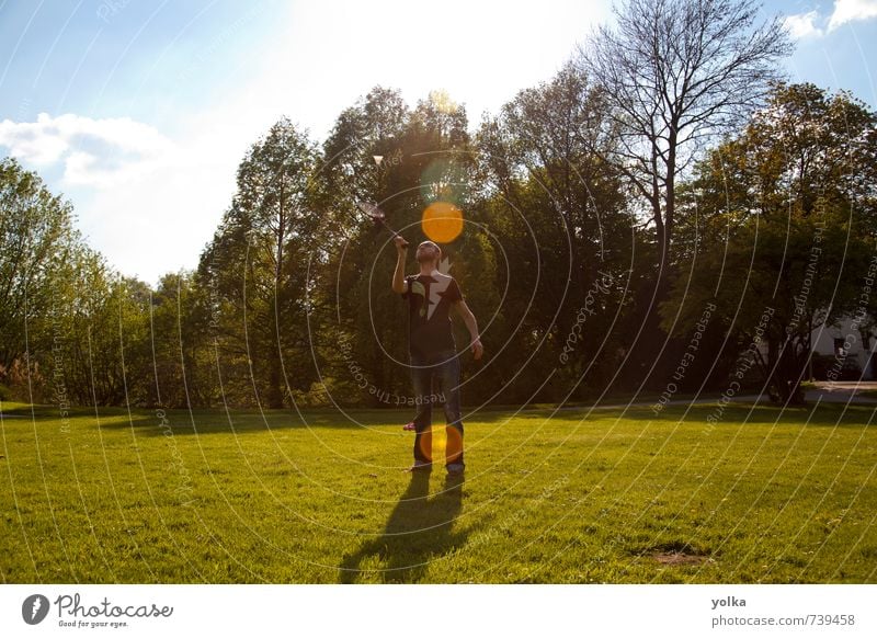 Man is playing badminton Lifestyle Joy Leisure and hobbies Playing Vacation & Travel Freedom Summer Sports Badminton Human being Masculine Young man