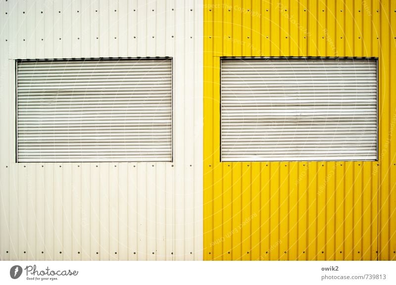 Me & Me Wall (barrier) Wall (building) Window Metal Sharp-edged Simple Closed Shutter Tin Container White Yellow Dye Colour photo Exterior shot Abstract Pattern