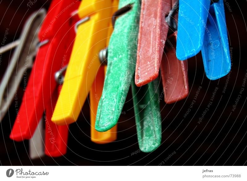 Clothes pins in a row on line Macro (Extreme close-up) blue bundle cable clamp clip cloth clothes clothes peg clothesline color colorful corduroy dry object