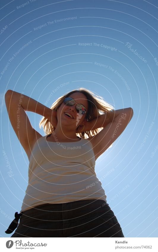 Sun on your neck Sunglasses Woman Vacation & Travel Upper body Blonde Sky Blue gabi Laughter Freedom Happy Perspective Arm