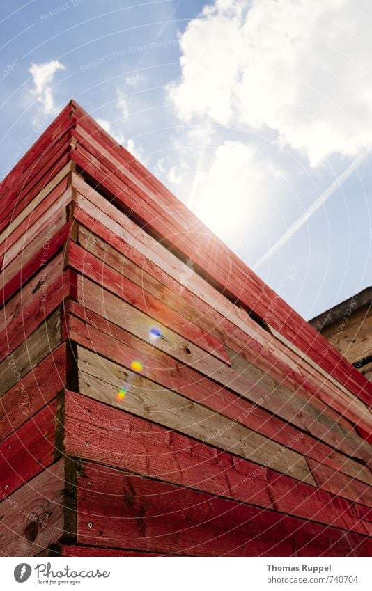 Hessentreffen 14 - the red box Sky Clouds Sun Beautiful weather Manmade structures Wall (barrier) Wall (building) Facade Wood Red Exterior shot Deserted