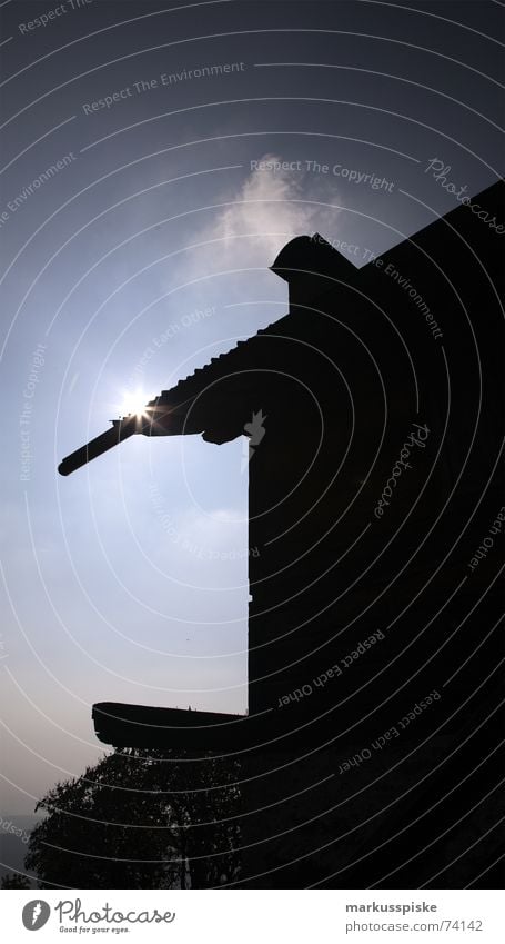 apparent Light Back-light House (Residential Structure) Roof Gable Clouds Light (Natural Phenomenon) Shadow Sun Sky Hut Stars Chimney Silhouette Concealed Smoke