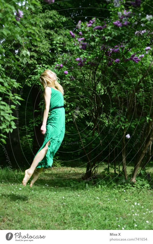 fly Meditation Human being Feminine Young woman Youth (Young adults) 1 18 - 30 years Adults Nature Spring Summer Dress Blonde Flying Sleep Jump Dream Green