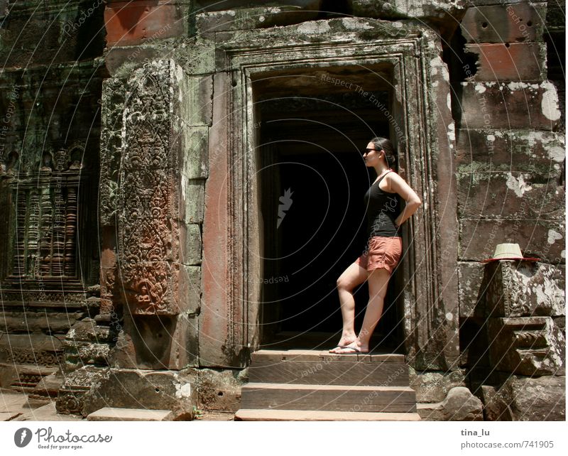 Angkor Tourist Attraction Monument Angkor Wat Cambodia Tourism Temple Buddhism Palace Monarchy Virgin forest Deities Breasts Girl Gate Car door Ruin Sunlight