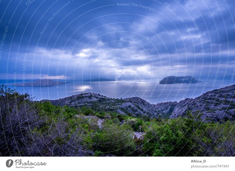 Blue Horizon Nature Landscape Elements Water Sky Clouds Storm clouds Bad weather Bushes Rock Coast Ocean Adriatic Sea Island Croatia Europe Deserted Gray Green