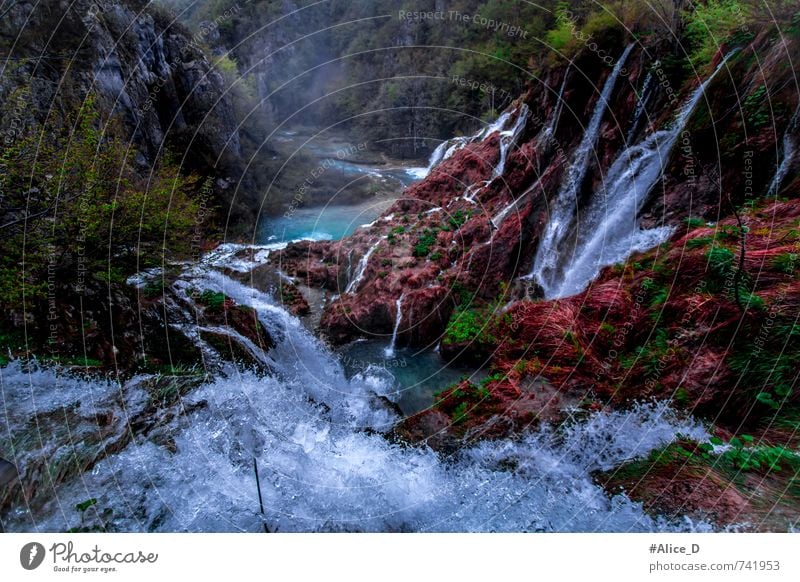 wonderland Environment Nature Landscape Plant Elements Water Drops of water Park Canyon Waterfall Plitzvicer Waterfalls Blue Brown Green Red Turquoise