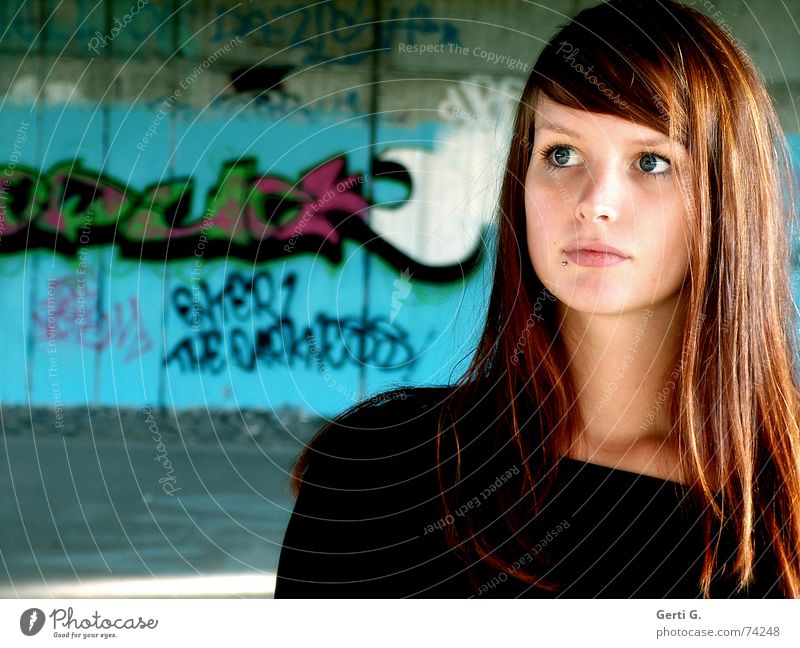 at first sight Woman Young woman Beautiful Long-haired Red-haired Wall (building) Wall (barrier) Ask Unclear Delicate Soft Lovely Friendliness Innocent Longing