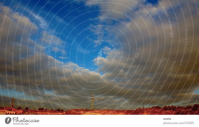 Mission to mars in 20 minutes Clouds Horizon Electricity pylon Overhead line Light Evening Dry Badlands Sky Blue Sand Sparse Desert