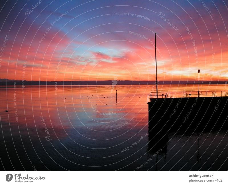 sunset Lake Horizon Romance Calm Footbridge Dusk Water Lake Constance Sky Coast Harbour