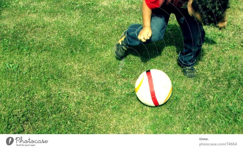 league aspirant Colour photo Exterior shot Joy Playing Soccer Ball Boy (child) Meadow Lust Watchfulness Concentrate Posture Rotation Lawn Dynamics Deployment