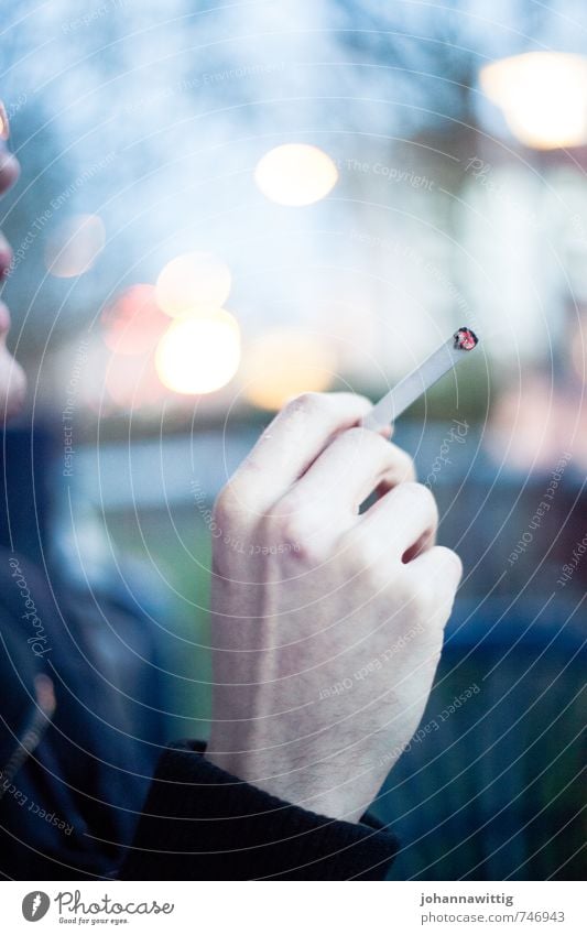 Balcony evening. Hand Fingers 18 - 30 years Youth (Young adults) Adults Think To talk Smoking Cigarette Blur Glow Cozy Breath Lung Cancer Cold Smoke To hold on