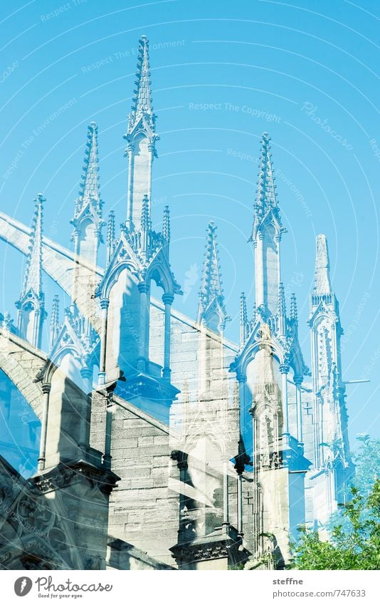 Nonotre Dame Paris Tall Notre Dame Double exposure Beautiful weather Cloudless sky Colour photo Exterior shot