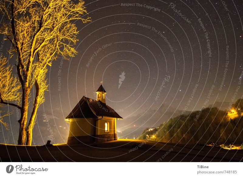 Night sky above the chapel at Lockstein Landscape Sky Mountain Deserted Church Tourist Attraction Esthetic Moody Nature Colour photo Subdued colour