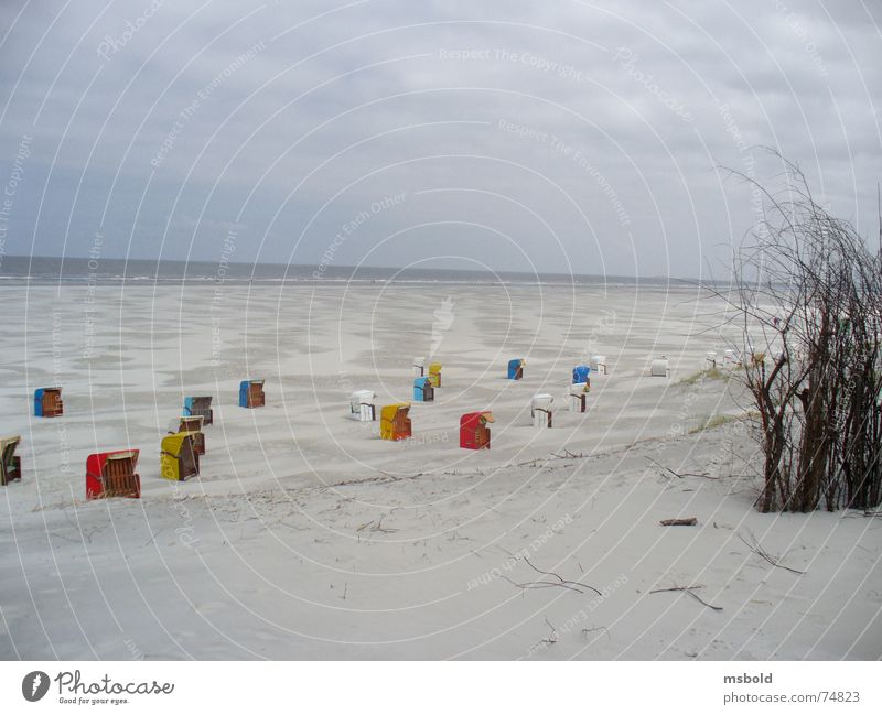 Beach on Juist Juist island Beach chair Vantage point Horizon Bird's-eye view beach holiday Beach dune Far-off places Sand in proportion accent Beach vacation