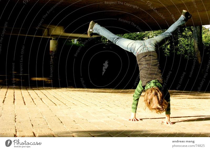 Enjoying life Girl Handstand Joy fun woman hands Action Hair and hairstyles Legs leg Freedom