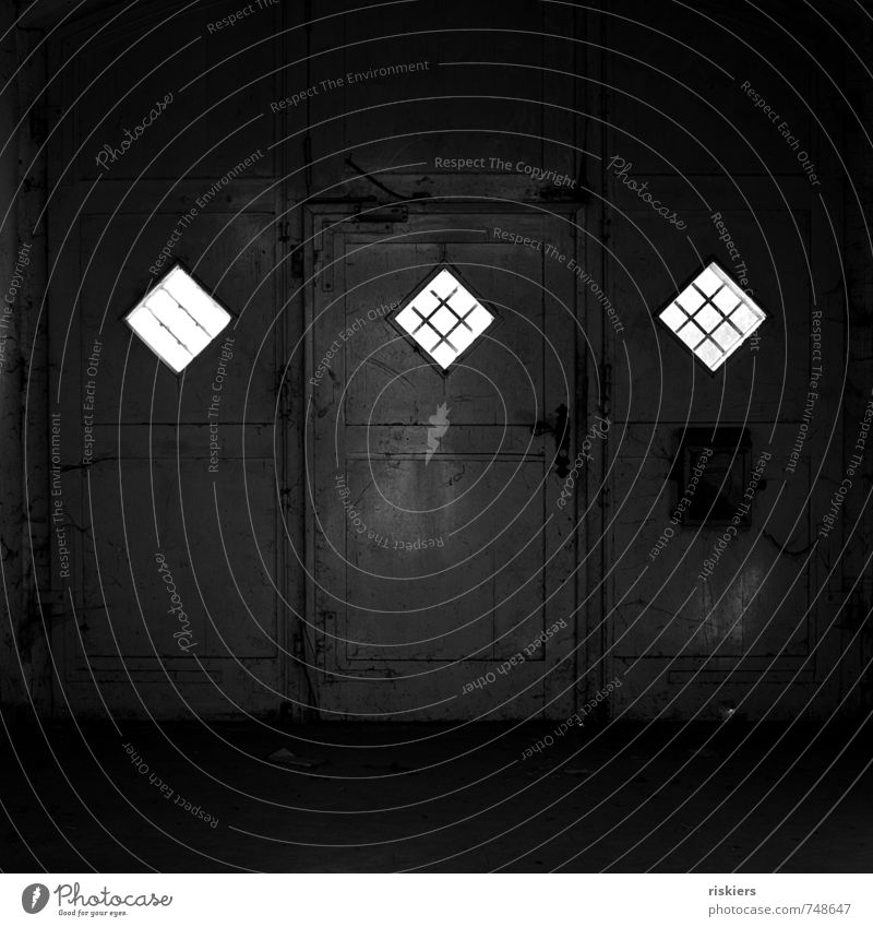 passed and forgotten Gate Window Door Gloomy Town Black Loneliness Stagnating Decline Past Transience Time Calm Sadness Old Cobwebby Dirty Black & white photo