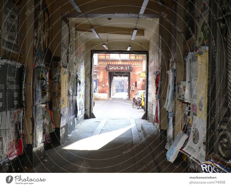 Passage to the dance studio Dock 11 Hallway Building Backyard Poster Billboard Light Entrance Dirty Untidy Advertising Berlin Derelict Germany Car Sun