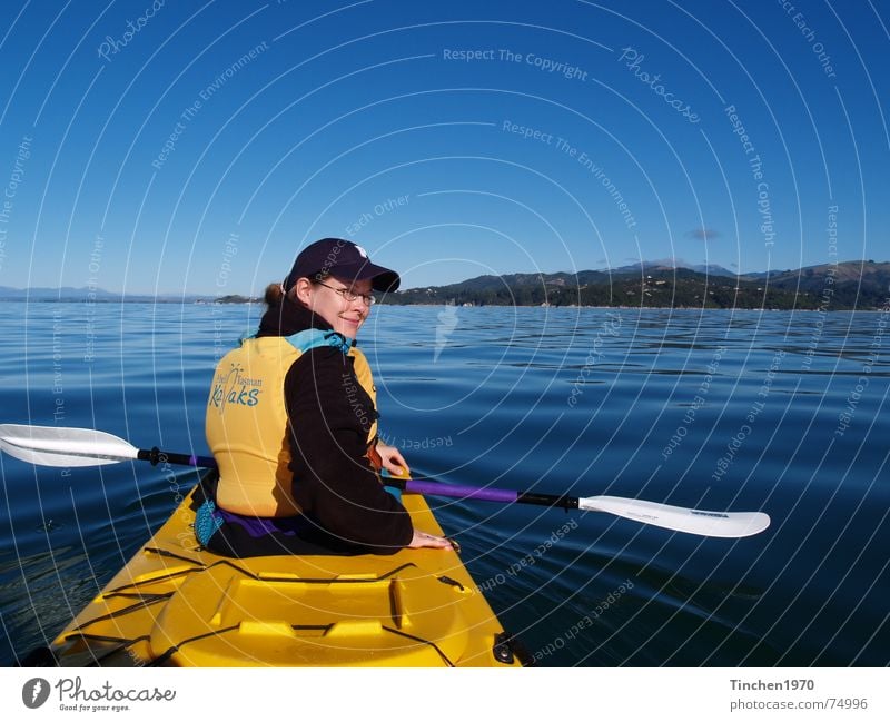 A dream at Abel Tasman NP, New Zealand Azure blue Kayak Horizon Paddle Watercraft Yellow Beautiful weather Calm Landscape Blue Sky abel tasman Sports Freedom