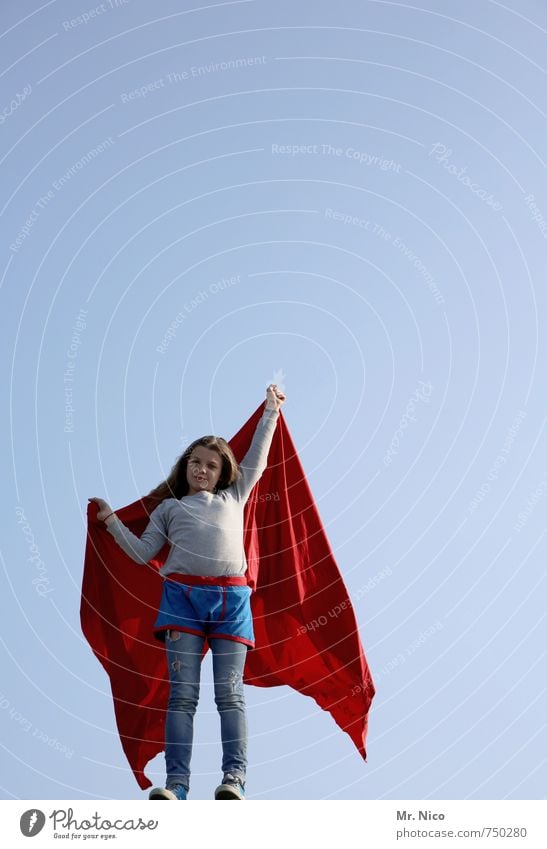 Supergirl V Feminine Girl 1 Human being 8 - 13 years Child Infancy Cloudless sky Beautiful weather Cloth Blonde Long-haired Red Joy Happy