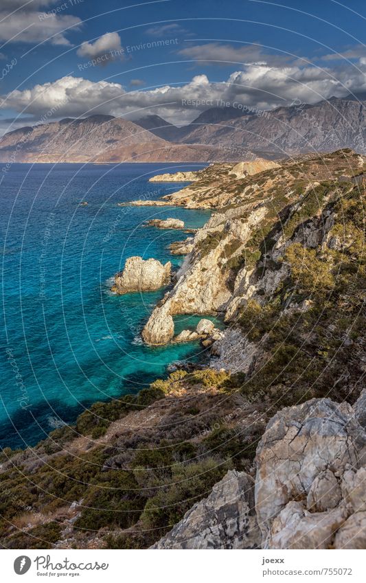 outlook Vacation & Travel Far-off places Freedom Summer Ocean Island Landscape Water Sky Clouds Beautiful weather Mountain Coast Crete Gigantic Large Wild Blue