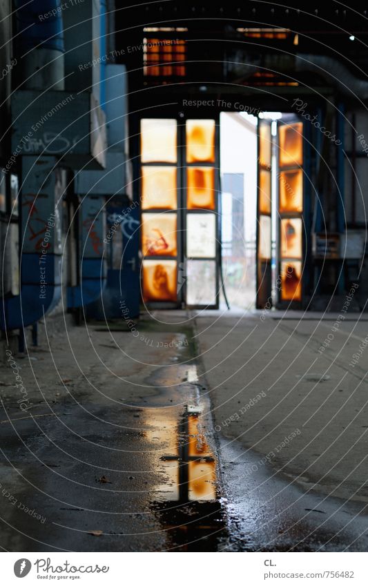 exit Industrial plant Factory Building Window Door Dirty Dark Destruction Empty Deserted Gate Entrance Front door Way out Graffiti Puddle Industrial heritage