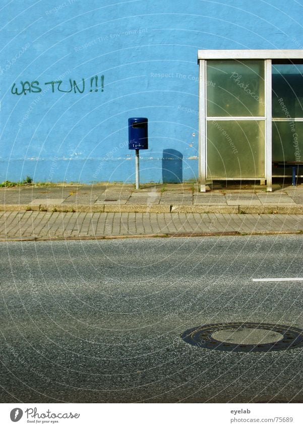 What are you doing?! Wall (building) White Trash Grunge Station Gully Sidewalk Gray Town Stripe Blue Trashy Bus glass Street Bench grey Old Wall (barrier)