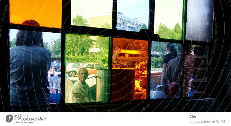 View through coloured panes Window frame Pot Multicoloured Jug Completed Factory Summer Happiness Derelict Dark Dirty Boredom Fatigue summer camp Warehouse