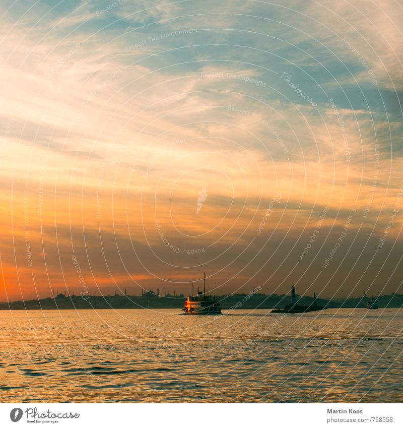 bosporus boat Sky Coast River bank Istanbul Town Downtown Skyline Tourist Attraction Landmark Means of transport Navigation Passenger ship Harbour Maritime