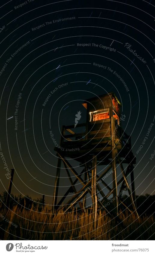 High seat at night Long exposure Hunting Blind Forest Hunter Vantage point Night Grass Dark Mysterious Wood Shoot Flashlight Shift work Night shot froodmat Sky