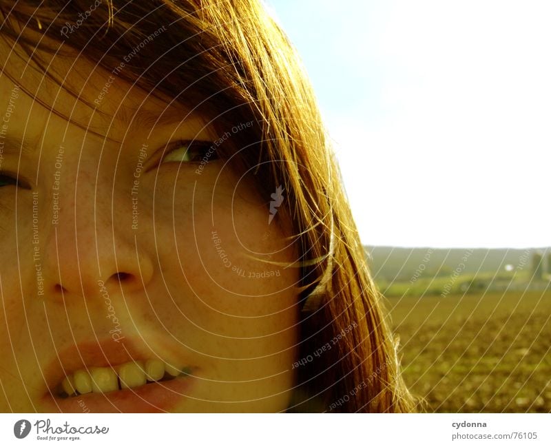 Wind Child III Summer Sunbeam Light Pleasant Portrait photograph Woman Illuminate Tooth space Warmth Hair and hairstyles Blow Landscape Face Human being Looking