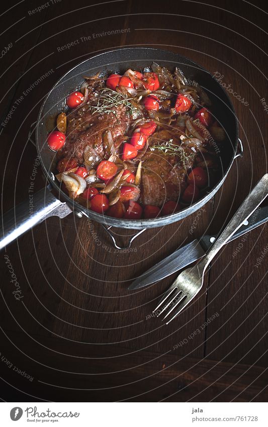 steak pan Food Meat Vegetable Onion Steak Tomato Nutrition Lunch Pan Cutlery Delicious Wooden table Appetite Colour photo Interior shot Deserted