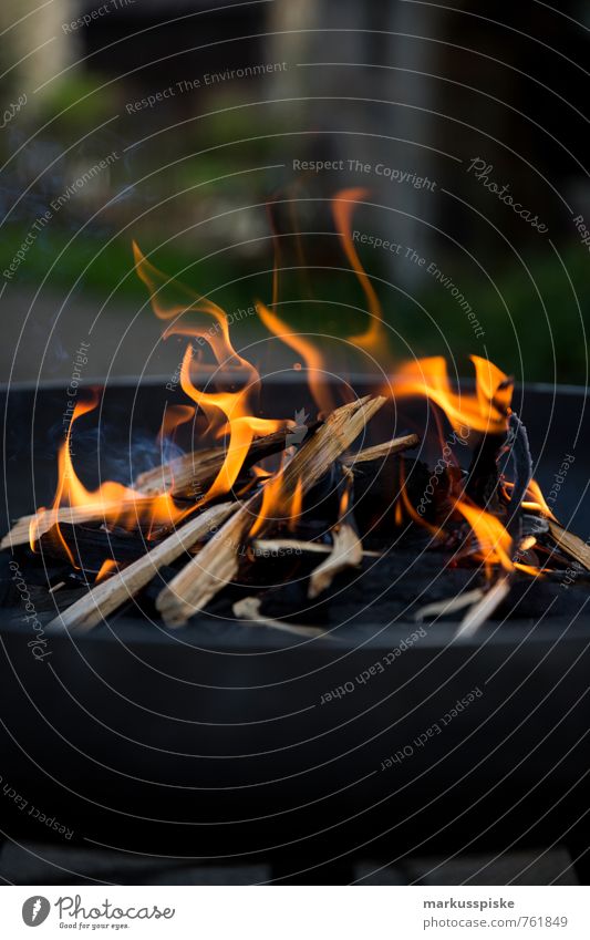 fiery Living or residing Flat (apartment) Garden Barbecue (event) Blaze Fire grate fire bowl Wood Firewood Embers Glittering Orange Red Black Heat Colour photo