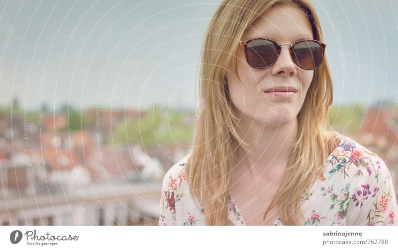 glasses Blonde Woman Feminine Young woman Beautiful Sunglasses Town Exterior shot Roof Terrace Long-haired Copy Space left Lifestyle City life