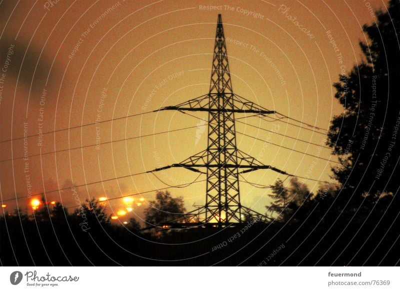 The sky burns... Electricity Light Night Electricity pylon Transmission lines Yellow Burn Long exposure Sky Energy industry Evening Blaze