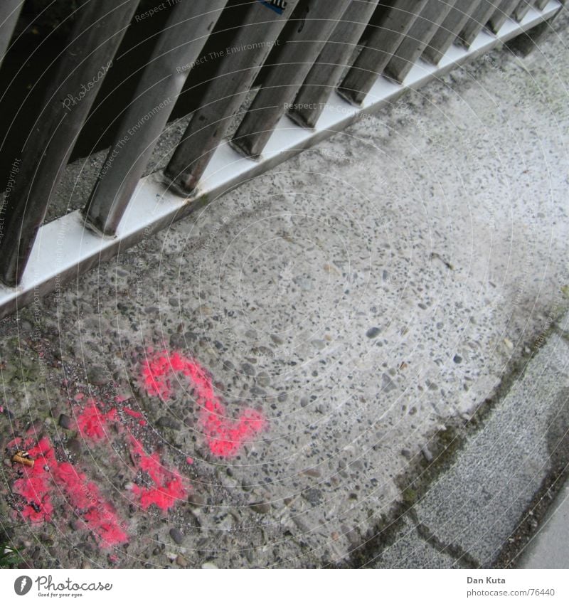 132 - or: lattice, asphalt and kerbstone Spray Neon light Curbside Gray Gloomy Metal Floor covering Colour Signs and labeling Bridge