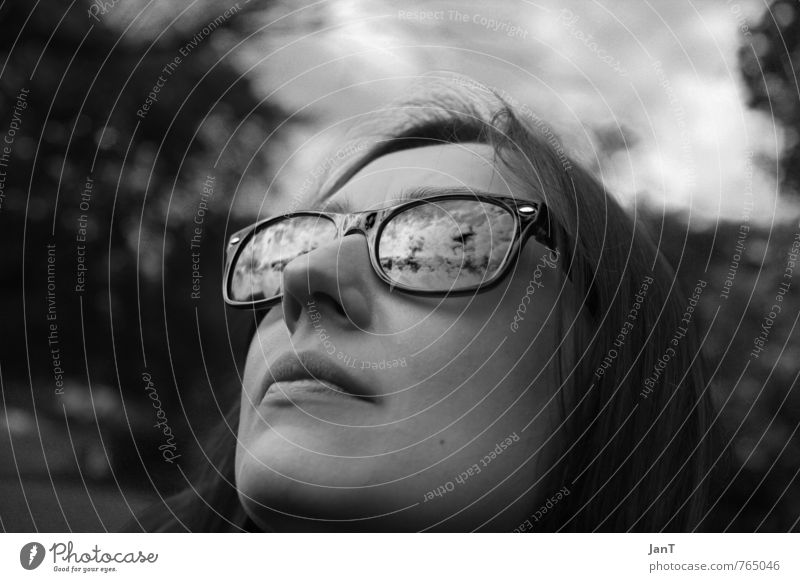 Skyview Sunglasses Looking Elegant Success Infinity Feminine Black & white photo Close-up Deep depth of field Central perspective Portrait photograph Upward