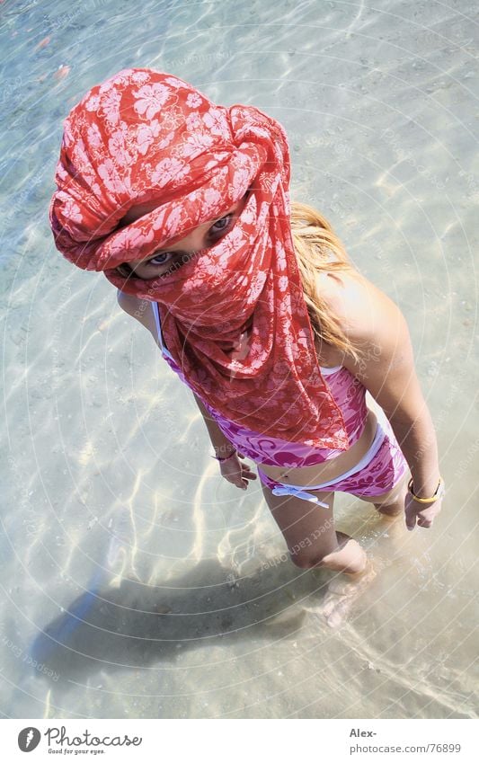 From head to chin - Arab woman Arabia Arabien Ocean Child Girl Turban Swimsuit Generous Stand Small Summer Vacation & Travel Egypt Beach Flower Pattern Bird