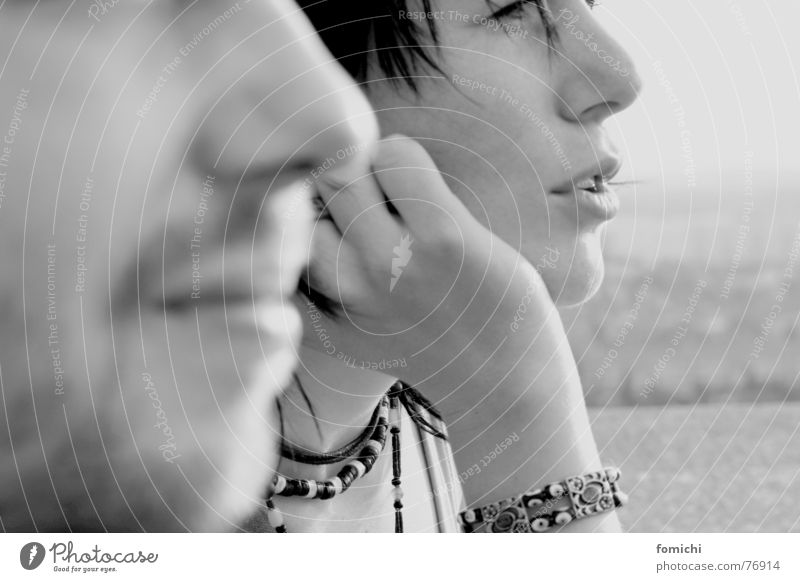 to and from To talk To be silent Calm Silhouette Woman Man Facial hair Black White Vantage point Support Lean Friendship Portrait photograph Wind Bracelet