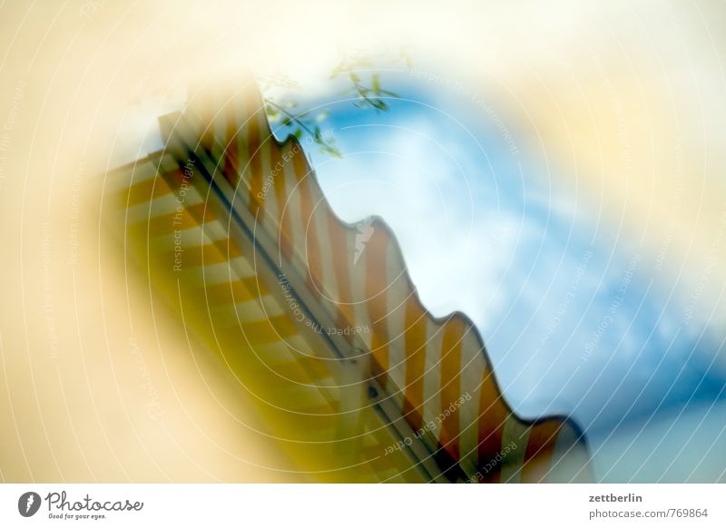 Summer on the phone Garden Garden plot Garden allotments Sky Clouds Reflection Mirror Glass Sun blind Table Shallow depth of field Blur Copy Space Warmth