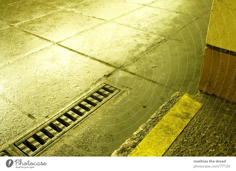 rinnstein 2 Stone Stone slab Concrete Iron Drainage Warning stripes Approach to the stairs Dirty Bird's-eye view Yellow Loneliness Floor covering Wet Rain