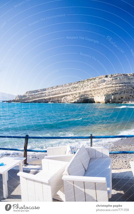 Sea Place Vacation & Travel Tourism Freedom Summer Summer vacation Beach Ocean Landscape Cloudless sky Coast Bay matala Crete Greece Terrace Relaxation Sofa