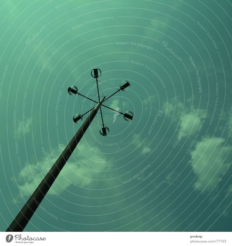 toothpick Clouds Green Loneliness Lamp Rod Steel Sky Blue good weather Electricity pylon Above up up and away on the ground lampost abandoned grounded