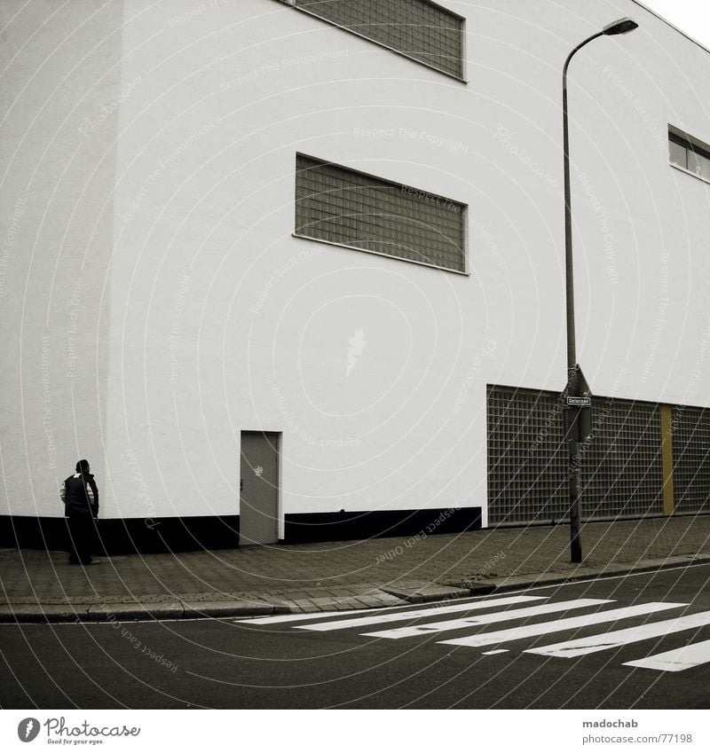 THE LIGHTNESS OF BEING Zebra crossing Man Masculine Human being Asphalt House (Residential Structure) Building Window Lantern Lamp Rule Style Simple Ghost town