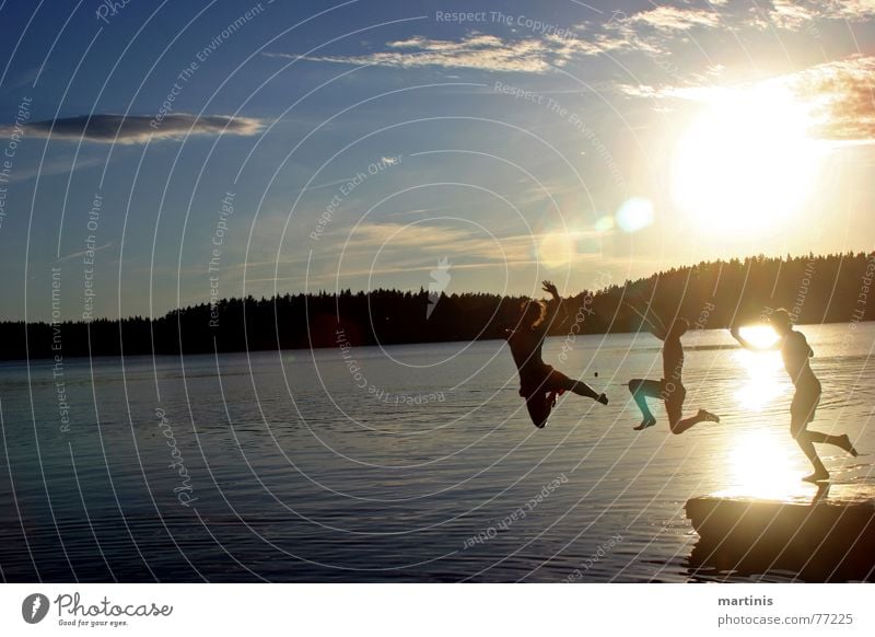 yihaaaa! Lake Wet Reflection Clouds Sunset Footbridge Smoothness Frozen Snapshot Jump Group Summer Good mood Development Action Water Joy Sky Multiple