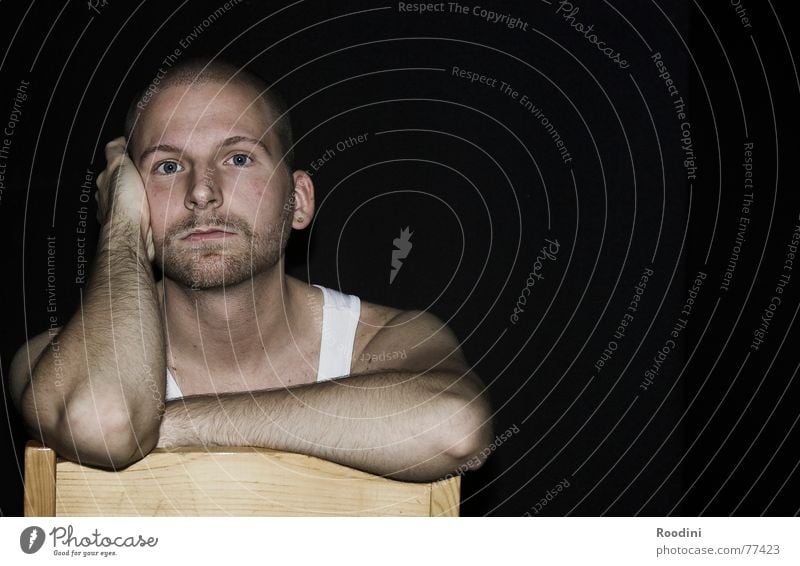 a chair, no opinion Think Broken Break Relaxation Portrait photograph Facial hair Calm Stool Crouch Grief Man Self portrait Willingness to talk Ask