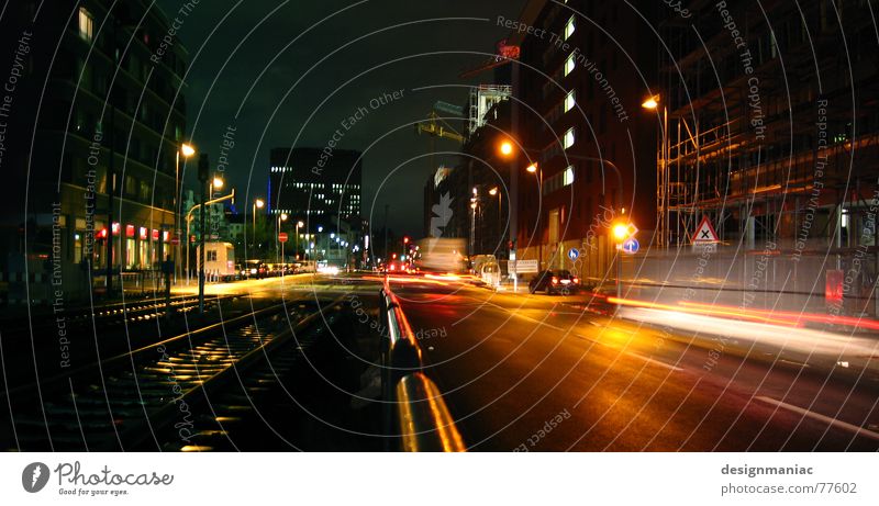 Mainhatten Streetlife II Lighting Town Frankfurt Night Dark Road traffic Wet Cold Damp Lantern Long exposure Black Lamp Railroad Railroad tracks Traffic light