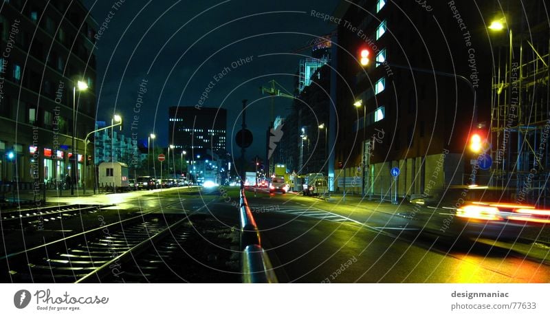 Mainhatten Streetlife III Lighting Town Frankfurt Night Dark Road traffic Wet Cold Damp Lantern Long exposure Black Lamp Railroad Railroad tracks Traffic light